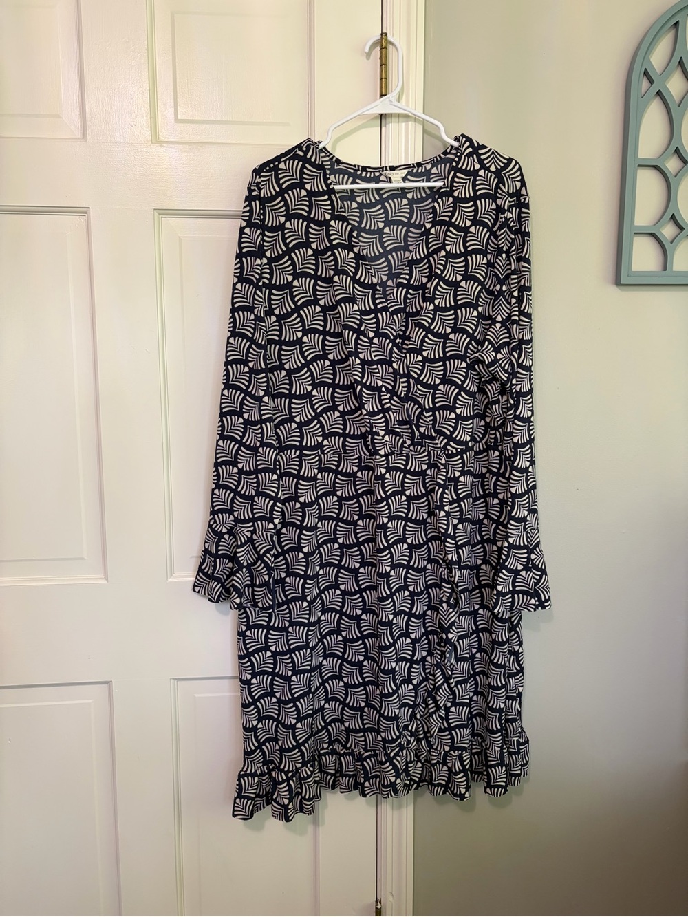 Cato Blue and White Geometric Long Sleeve Ruffle Dress